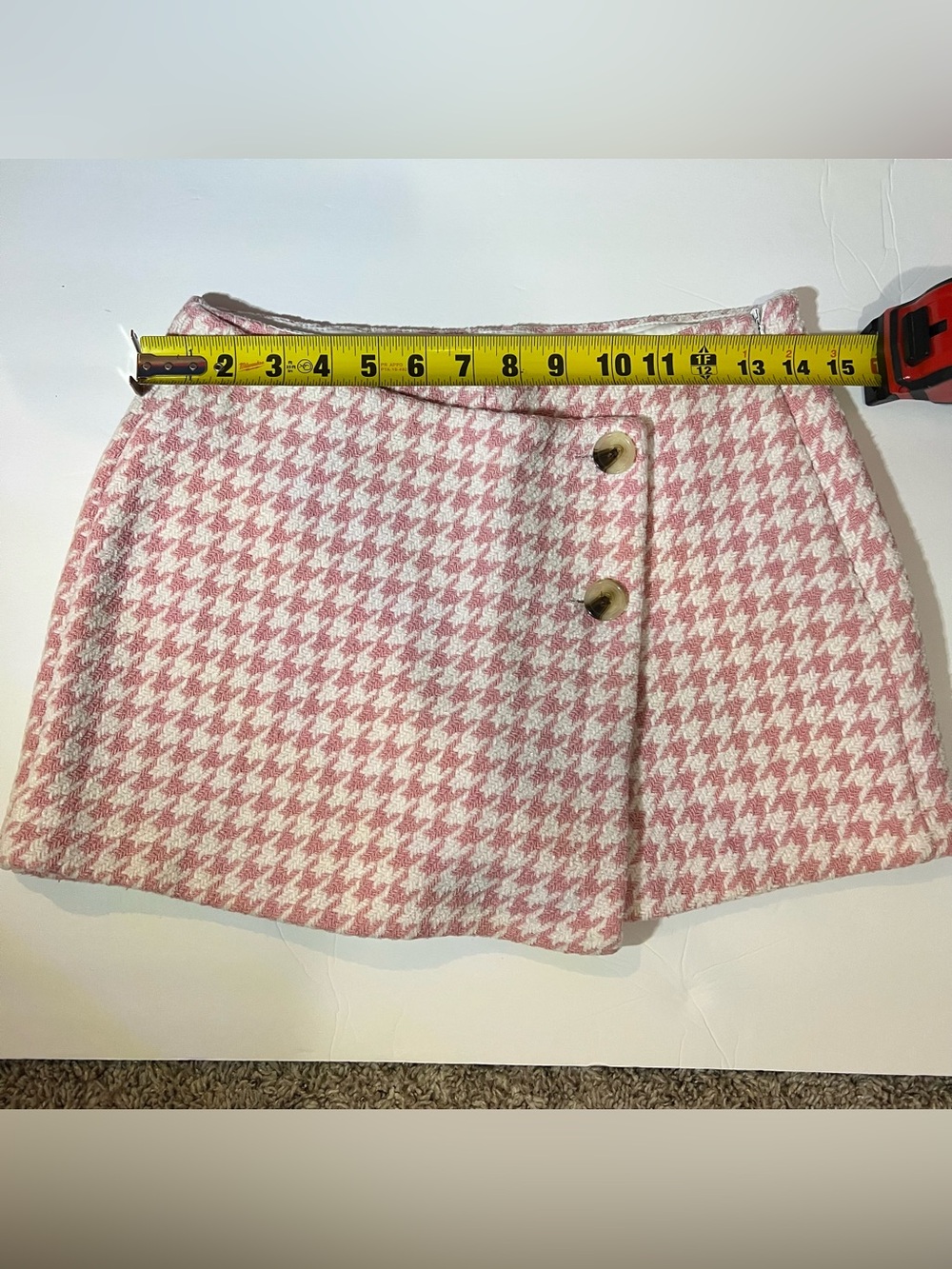 Stoosh Pink & White Houndstooth Mini Skort with Side Button Detail
